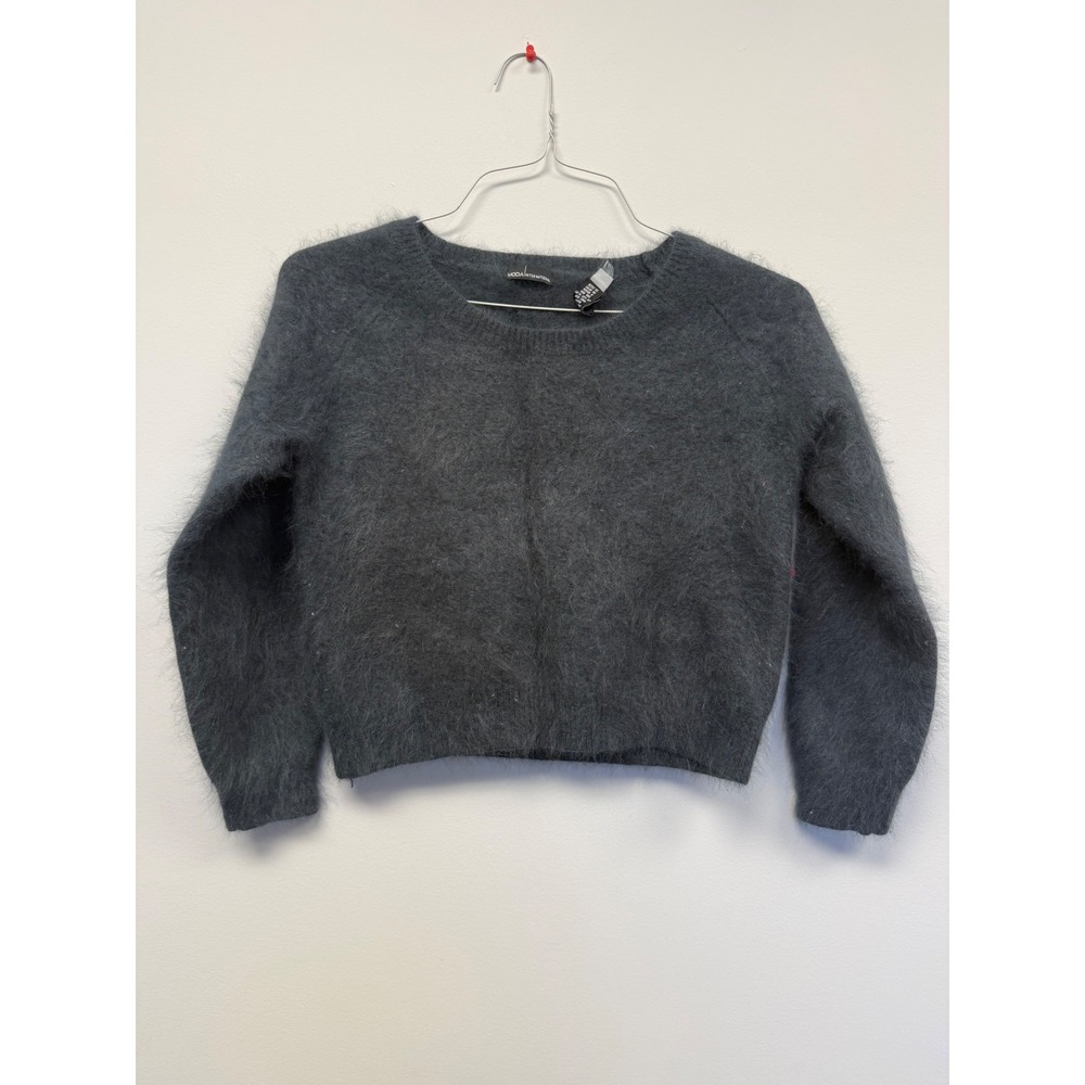 Moda International Angora Blend Fuzzy Cropped Sweater Dark Teal Green Medium